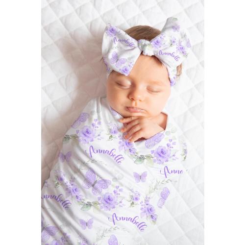 Purple Butterfly Floral Baby Girl Swaddle Set, Bow Beanie, Knot Cap, Nursery Decor, Baby Shower Gift, Coming Home Outfit, Photo Prop