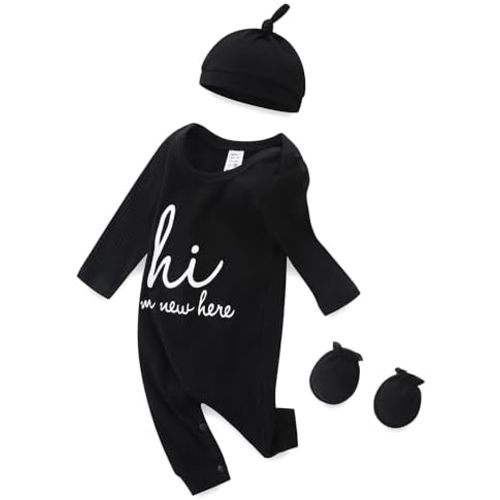 Baby Boy Girl Ribbed Onesies Romper Coming Home Outfits Letter Print Bodysuit Jumpsuit Hat Glove 3PCS Clothes Set