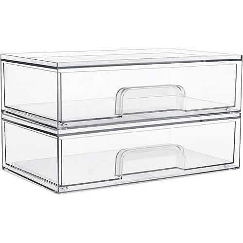Vtopmart 12''W Clear Stackable Storage Drawers,2 Pack Acrylic Plastic Organizers Bins for Makeup Palettes, Cosmetics, and Beauty Supplies,Ideal for Vanity, Bathroom,Cabinet,Desk Organization
