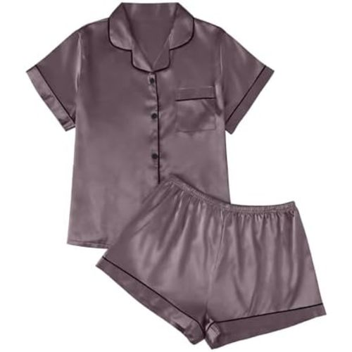 LILLUSORY Silk Satin Pajama Set for Women 2 Piece Lounge Pjs Shorts Matching Summer Sleepwear Button Down Shirt Shorts