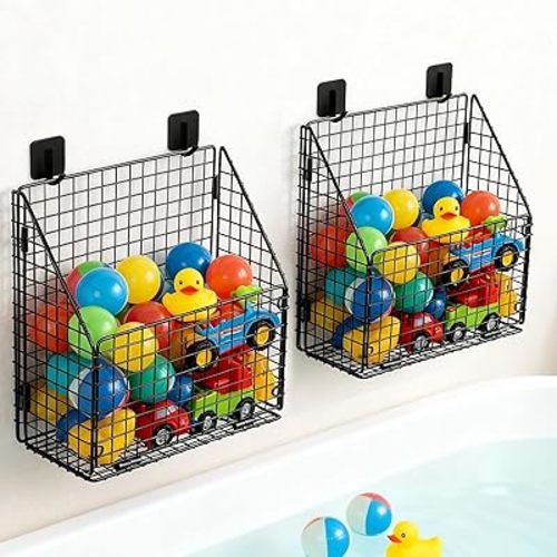 Greentainer Large Bath Toy Storage, Metal Bathtub Shower Toy Holder, Foldable bath Tub Toy Organizers, Bathroom Toy Storage with Drainage for Sorting Toys/Clothes/Toiletries (2pc black)
