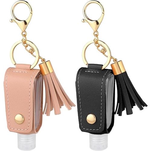 Mozeat Lens 2 Pcs Portable Leather Hand Sanitizer Holder Leakproof Plastic Bottles Travel Holder for Lotion Liquid Soap Shampoo Black Pink