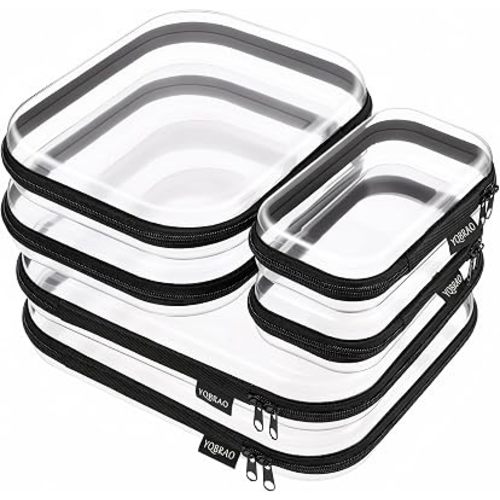 YQBRAO 6 Pack Sleek Black Clear Hard Shell Zipper Case, 1.2mm Heavy Duty Tech & Cosmetic Bags, Crush-Proof Electronic Storage & Makeup Organizer for Travel, Tools & Diaper Bag (2L+2M+2S)