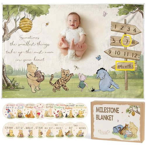 Neutral Classic Winnie Bear Baby Monthly Milestone Blanket 59 x 39Inch | Vintage Bear Quotes Soft Flannel Milestone Blanket, Gift Box Holiday Signs Felt Marker, Winnie Nursery Decor, Baby Stuff