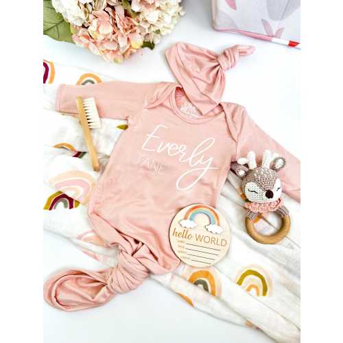 Made in USA | Personalized Knotted Baby Gown With Hat | Newborn Coming Home Set | Infant Sleeper First Outfit | Bamboo Newborn One Piece
