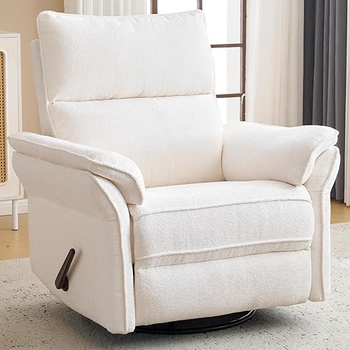 Oversized Rocking Chair Nursery with Adjustable Headrest, 26" Extra Wide Glider Recliner Nursery Chair for Nursery, 360° Swivel Rocker Recliner with Overstuffed Armrest, White