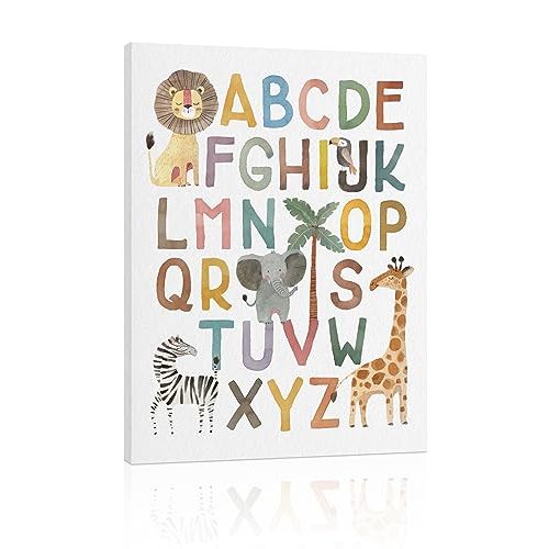 ABC Poster Nursery Wall Decor: Boho Alphabet Art for Classroom Wall, Safari Animal Kids Wall Art, ABC Letters Print Picture Framed Poster for Nursery Decor 12" x 16"