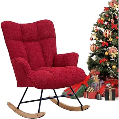 Rocking Chair Nursery Teddy Upholstered Glider Rocker Rocking Accent Chair Padded Seat with High Backrest Armchair Comfy Side Chair for Living Room Bedroom Offices (Burgundy Teddy)