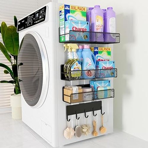4 Pack Magnetic Shelves for Washing Machine, Magnetic Spice Rack Organizer for Refrigerator, Washing Machine Shelf, Magnetic Laundry Organization and Storage, Laundry Baskets with Hook Shelf