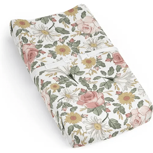 Sweet Jojo Designs Blush Pink Yellow Vintage Floral Boho Girl Baby Changing Pad Cover Sheet Infant Newborn Diaper Change Mat Cover Green White Bohemian Shabby Chic Farmhouse Leaf Rose Leaves Flower