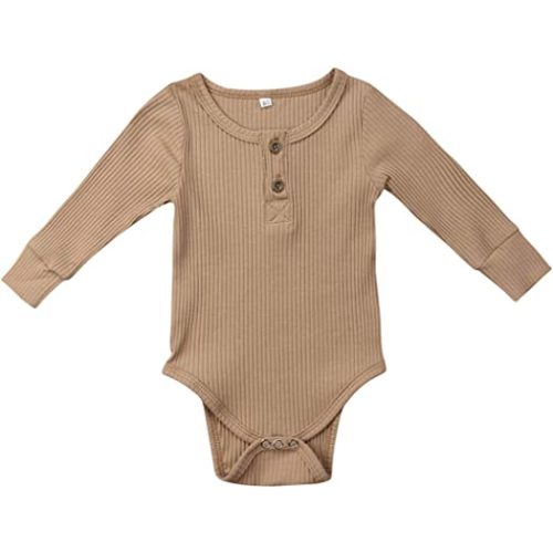 Seyurigaoka Newborn Unisex Baby Solid Bodysuit Basic Plain Rib Stitch Long Sleeve Romper Clothes for Infant Boy Girl