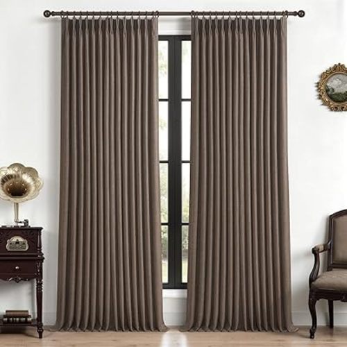 Dark Flax 100% Blackout Curtains 90 Inches Long for Kids Room, Memory Trained Pinch Pleated Thermal Noise Reducing Natural Linen Privacy Light Block Aesthetic Windows Drapes Brown Colored 2 Panels Set