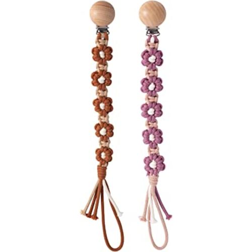 Pacifier Clip for Boys Girls Floral Daisy Macrame Paci Clip Pacifier Holder Leash Boho Wooden Clips Handmade Braided Cotton Unisex Baby Shower Birthday Gift