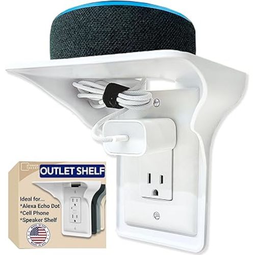 BeraTek Industries Storage Theory Power Perch Outlet Shelf with Cord Storage Strap – Alexa Wall Mount, Speaker Shelf – Dorm Decor for College, Cell Phone Shelving – Easy Installation (1-Pack, White)