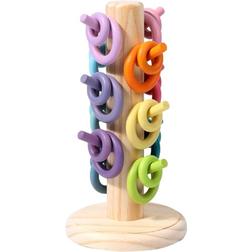 WODI Sorting Helper Tree Holder Building Rings Rainbow Wooden Montessori Toys for Kids, Multicolored Wooden Ring Toy Colourful Stacking Ring Tree-Build Skills, Color Recognition (Pastel)