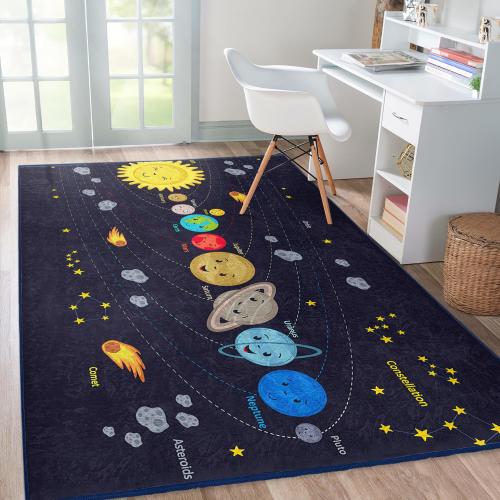 Solar System Space Rug -Planetary Patterned Children's Carpet-Dark Themed Area Rug-Celestial Accent Mat-Kids Room Decor Astronomical Planets
