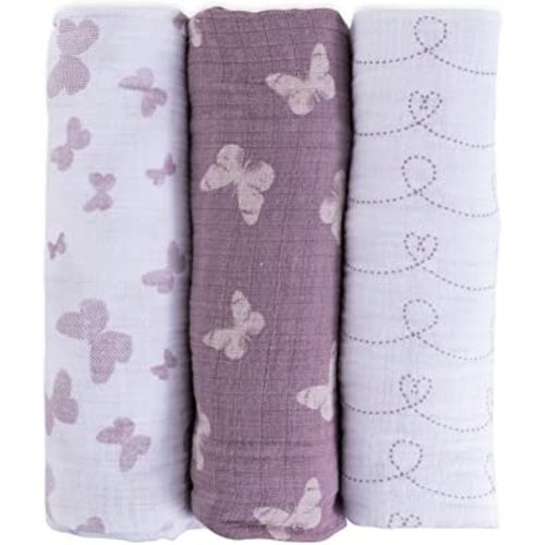 Ely's & Co. Muslin Swaddle Blanket 100% Soft Muslin Cotton 3 Pack 47"x 47" (Lavender Butterfly)