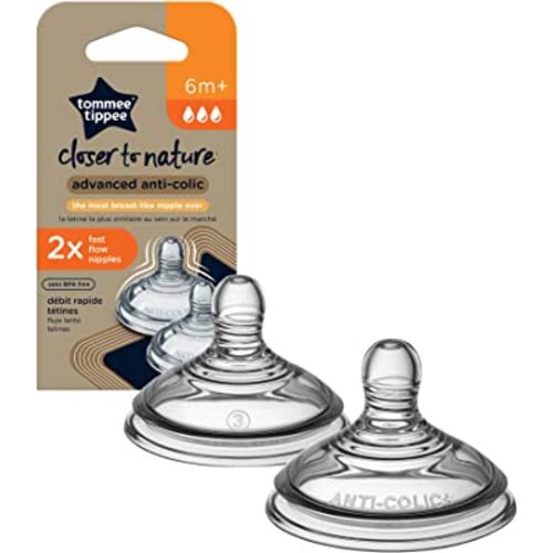 Tommee Tippee Advanced Anti-Colic Baby Bottle Nipples, Breast-like, Soft Silicone, Fast Flow, 6m+, 2 Count