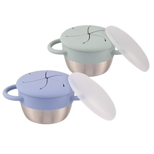 Elk and Friends Stainless Steel Snack Cups | Removable Silicone Food Catcher and Travel Lid | Spill-Proof Snack Containers for Baby, Toddler, Kids | Dishwasher Safe | 2 Pack