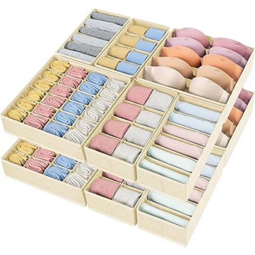 DIMJ 12 Pack Drawer Organizer Clothes - Sock Bra Underwear Drawer Organizer, Foldable Fabric Dresser Organizer Bins, 114 Cells Dresser Drawer Dividers for Clothing Scarves Belt Tie, Beige