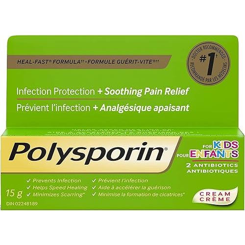 Polysporin for Kids Cream, Antibiotic Ointment for first Aid Care of minor burns and Cuts, 15g 15 gram