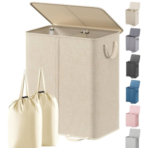 Amazon.com: Lifewit Double Laundry Hamper with Lid and Removable Laundry Bags, Large Collapsible 2 Dividers Dirty Clothes Basket with Handles for Bedroom, Laundry Room, Closet, Bathroom, College, 136L Beige : Home & Kitchen