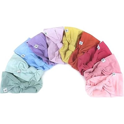 HonestBaby Girls' Organic Cotton Knotted Headbands Multi-Pack, 10-Pack Rainbow Gems Pinks, Medium