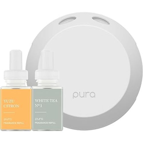 Pura - Smart Home Fragrance Device Starter Set - Pura 4 - Scent Diffuser for Home - Includes Fragrance Aroma Diffuser - Square Box, Yuzu Citron and White Tea No. 1 Scent Refills