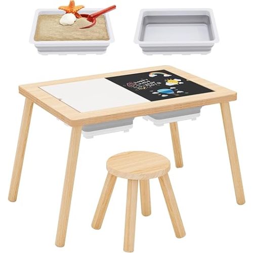 Upgraded Sensory Table for Toddlers 1-3, Indoor Kids Toddler Sensory Table with 2 Storage Bins Writable Lids, Sensory Activity Table with Chairs, Play Sand Table for Boys and Girls