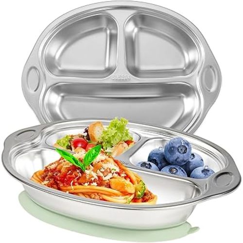 Stainless Steel Baby Suction Plates: Divided Plates Designed for Babies and Toddlers, Made of 100% Food-Grade Materials Ideal for Baby-Led Weaning BPA-Free Toddler Feeding Dishwasher Safe Green
