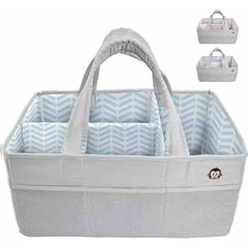 MIGHTY MONKEY Oversized Stain Resistant Baby Diaper Caddy Organizer with Handle, Adjustable Mesh Storage Bin Compartments for Diapers, Baby Wipes, Newborn Changing Table Nursery Essentials, Gray Blue