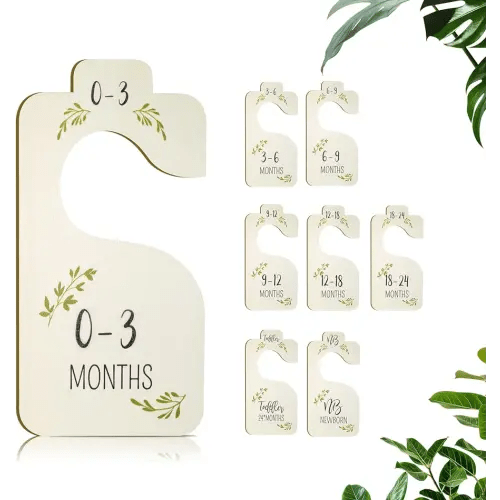 Baby Closet Dividers for Clothes Organizer - Set of 8 Adorable Wooden Double-Sided Baby Clothes Size Hanger Organizer from Newborn to 24 Months for Nursery Beautiful Decor