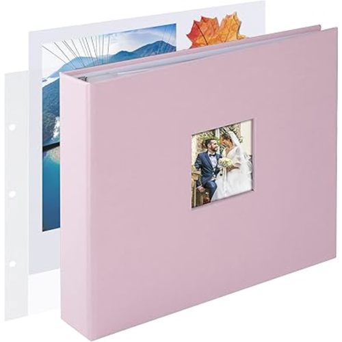 8x8 DIY Small 3 Ring Scrapbook Photo Album Journal with 30 Plastic Sleeves 60 Pages and Fabric Cover for Baby Travel Wedding Couple Anniversary Kids Adventure (Pink Cover/White Pages)