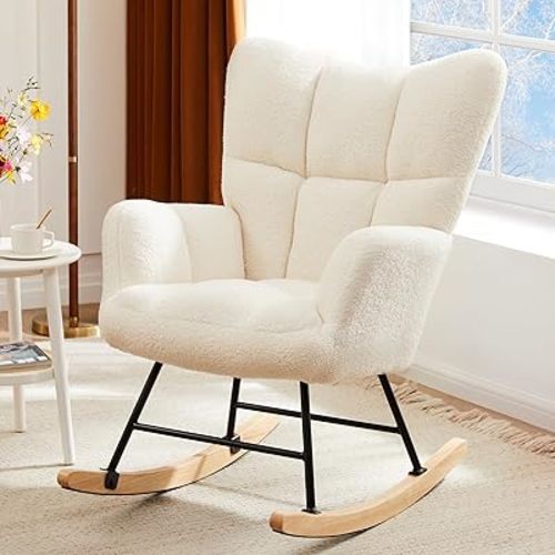 DUMOS Rocking Chair Nursery Teddy Upholstered Gliders Rocker Accent Reading Recliner Thick Padded Seat Ergonomic Modern with High Backrest Armchair Comfy Side for Living Room Bedroom Office Balcony