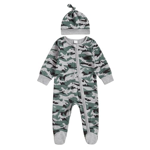 Ayalinggo Newborn Baby Boy Clothes Long Sleeve Crewneck Camouflage Footies Camo Romper Zipper Bodysuit Fall Winter Outfit