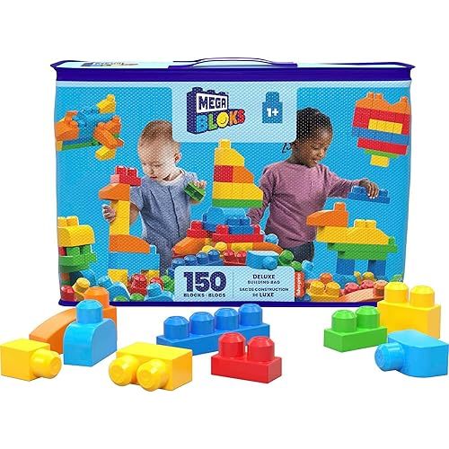 MEGA BLOKS First Builders Toddler Blocks Toys Set, Deluxe Building Bag with 150 Pieces and Storage, Blue, Ages 1+ Years