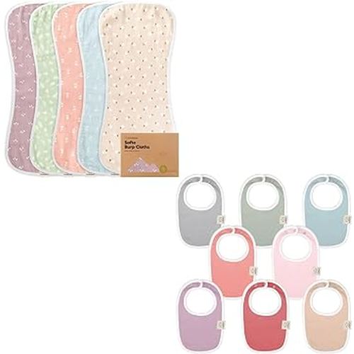 KeaBabies 5-Pack Organic Muslin Baby Burp Cloths and 8-Pack Organic Baby Bibs for Girls & Boys - Bamboo Viscose Cotton Burp Cloth - Teething Baby Bibs for Boy, Girl - Burp Rags - Newborn Bibs for Baby