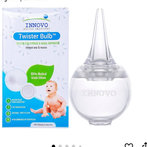 Innovo FSA/HSA Eligible Hospital Grade Silicone Twister Bulb Baby Ear Syringe and Nasal Aspirator, Sucks Snot and Mucus, Cleanable and Reusable, Clear