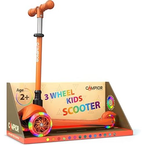 Orange Mini 3 Wheel Scooter for Kids – Lean-to-Steer with LED Light-Up Wheels, Adjustable Handlebar, Wide Anti-Slip Deck, Smooth PU Wheels, Rear Foot Brake – Toddler Scooter for Ages 2+
