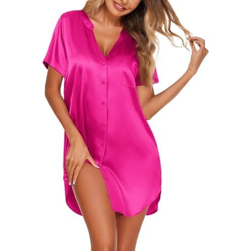 Ekouaer Womens Satin Nightgown Soft Short Sleeve Sleepshirts Button Down Silky Sleepwear V Neck Loungewear