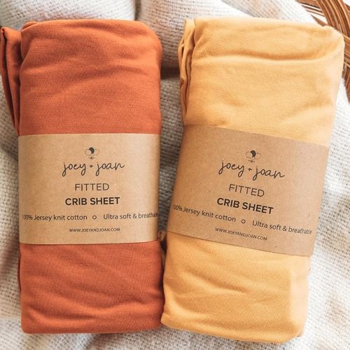 Joey + Joan Fitted Crib Sheets 28 x 52 – Compatible with Standard Crib Mattress and Toddler Bed – 100% Jersey Cotton – Mustard Yellow + Burnt Orange – 2 Pack
