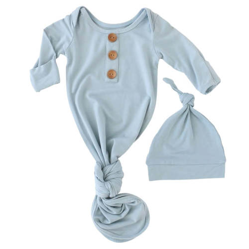 Solid Light Dusty Blue Bamboo Knot Gown & Hat