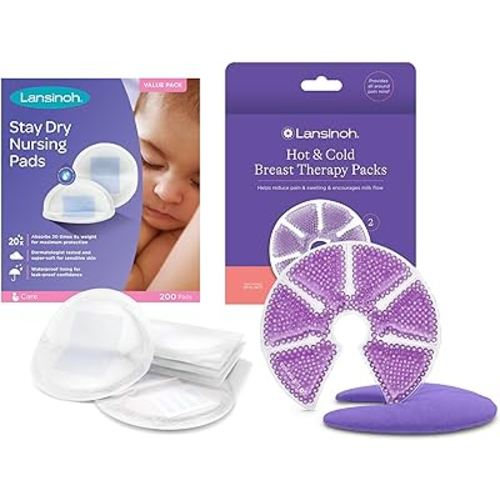 Lansinoh Disposable Nursing Pads, 200 Count, and Breast Therapy Packs with Soft Covers, 2 Pack, Breastfeeding Essentials for Moms