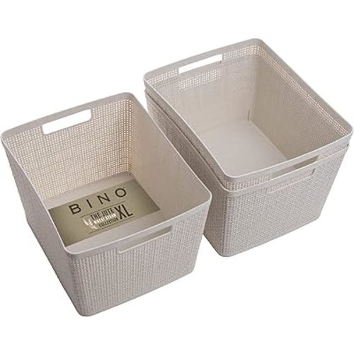 BINO Woven Plastic Basket | Large (Natural), 3-Pack | THE JUTE COLLECTION | Home Organization, Space-Saving Storage, Stylish Design | Plastic Storage Basket