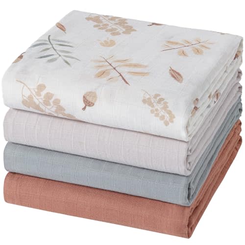 POMISO Muslin Swaddle Blankets for Boys & Girls, Newborn Receiving Blankets, 4 Pack Soft Breathable Baby Swaddles, Large 47x47 Inches, Acorn & Earthy Colors