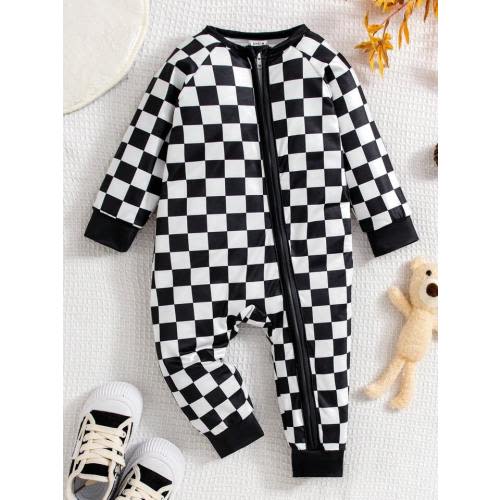 Baby Boy's Checkered Print Romper With Diagonal Zipper