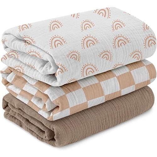 Muslin Swaddle Blankets for Newborn, 3 Pack Breathable Soft Receiving Blanket, Large 38 x 40 inches Swaddle Wrap Burping Clothes Diapers, Essentials Infant Shower Items, Toddler Gift (Rainbow & Grid)