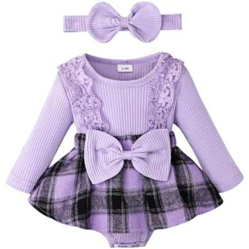 Baby Girl Clothes Fall Winter Outfit Plaid Romper Long Sleeve Dress Lace Ruffles Bodysuit with Bow Headband
