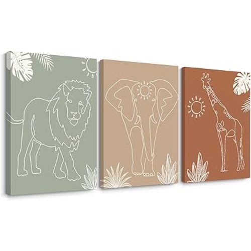 Safari Nursery Wall Art Pictures Baby Animal Canvas Wall Decor Boho Jungle Wall Art Kids Minimalist Poster Elephant Giraffe Lion Prints Nursery Safari Artwork for Bedroom 12x16 Wrapped Canvas Set of 3