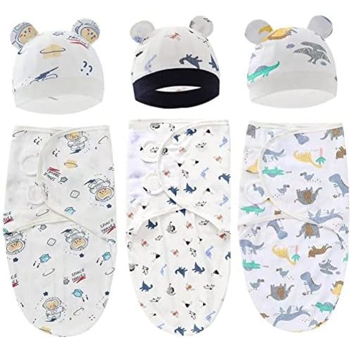 Exemaba Baby Swaddle Sleep Sack with Hat Set for 0-3 months 3-Pack Soft Cotton Newborn Wearable Swaddle Wrap for Girls Boys